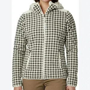 Columbia Houndstooth Fleece Hooded Full Zip Pocket Sz  Small Cream&Gray